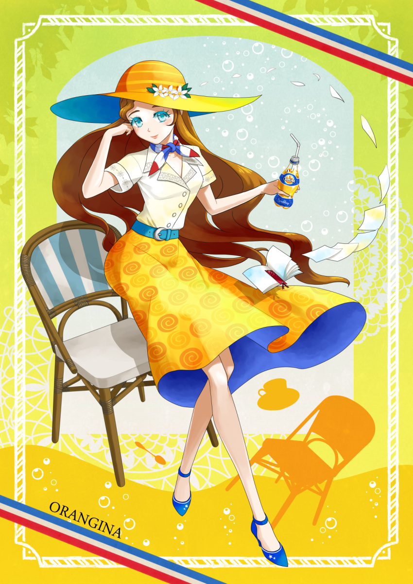belt, blue_eyes, bottle, brown_hair, chair, drink, flower, hat