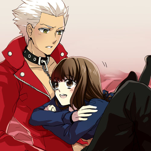 1boy, 1girl, archer, brown_eyes, brown_hair, collar, fate/extra_ccc, fate_(series)