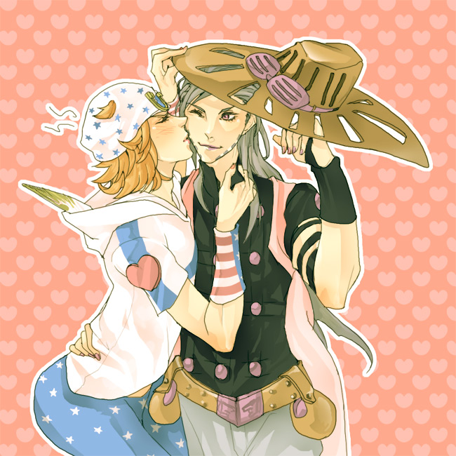 2boys, beard, brown_eyes, brown_hair, cheek_kiss, facial_hair, feathers, gyro_zeppeli, hat, hoodie, johnny_joestar, jojo_no_kimyou_na_bouken, kiss, lipstick, makeup, ms-pudding, multiple_boys, steel_ball_run, wink