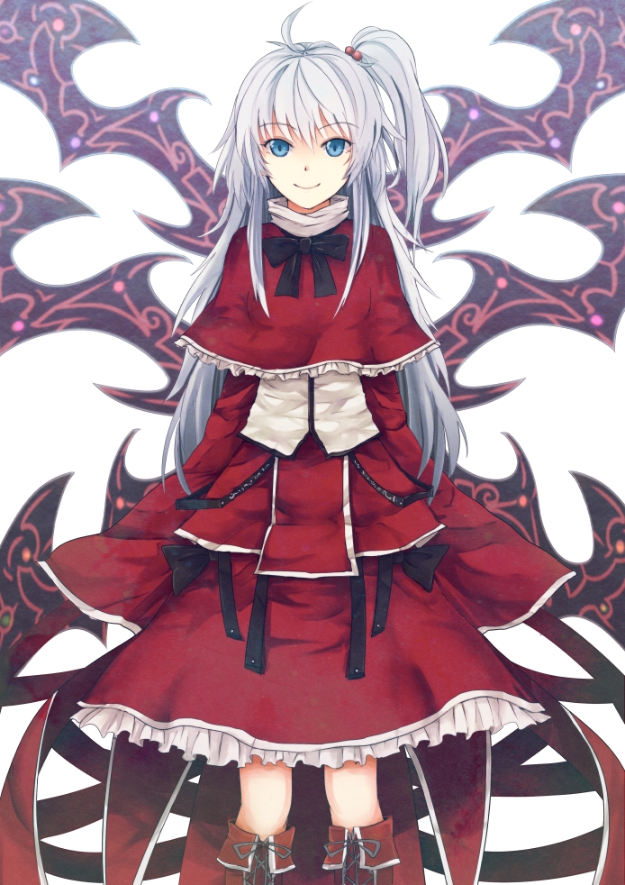 1girl, blue_eyes, boots, capelet, cibo_(killy), cross-laced_footwear, dress, hair_bobbles