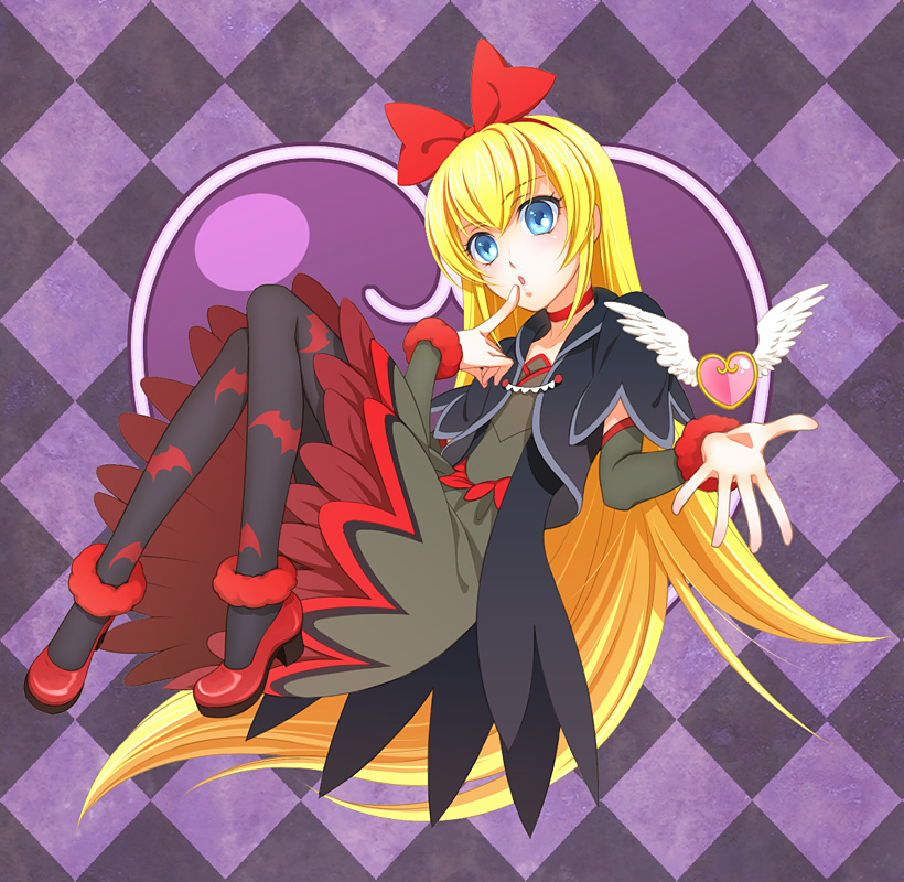 1girl, angel_wings, apress, argyle, argyle_background, arm_warmers, bat, bat_print
