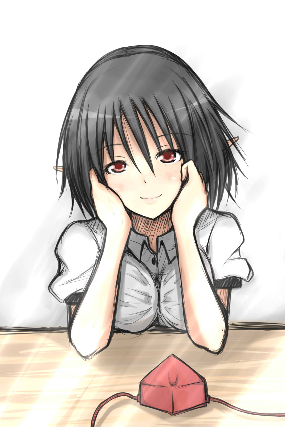 1girl, arm_support, black_hair, blush, hat, hat_removed, headwear_removed, highres