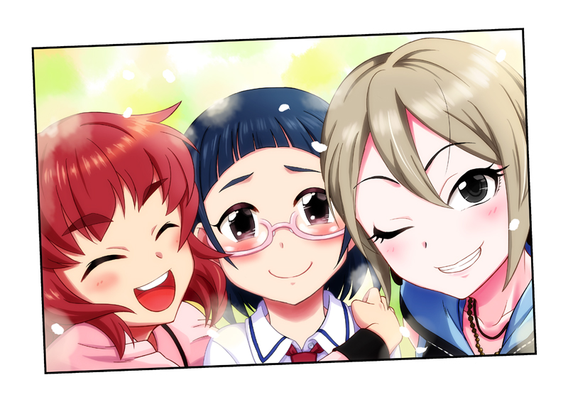 3girls, anzai_miyako, black_eyes, blonde_hair, blue_hair, blush, closed_eyes, collarbone