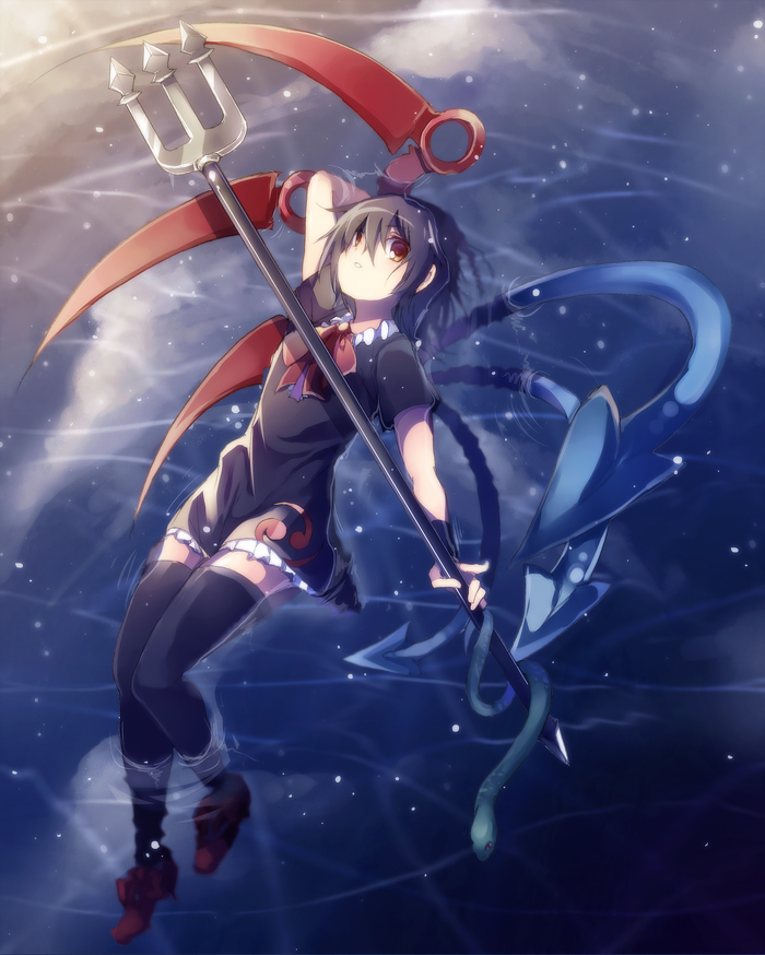 1girl, arm_behind_head, arm_up, asymmetrical_wings, black_dress, black_hair, black_legwear, bow