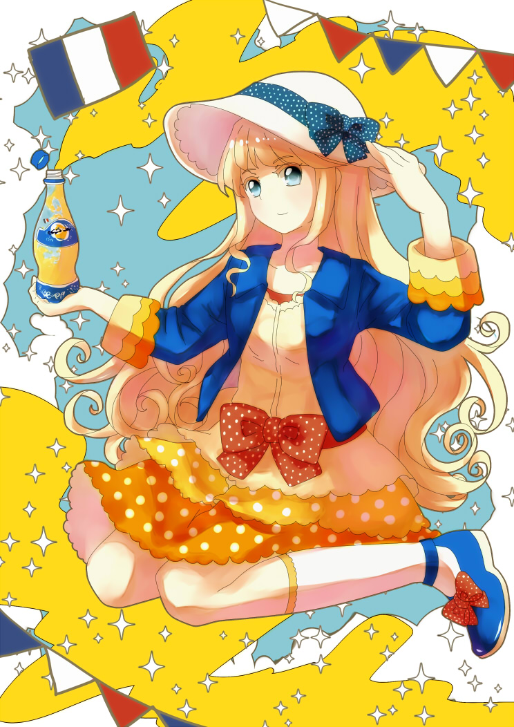 1girl, anyaaki, blonde_hair, bottle, dress, jacket, long_hair, orangina