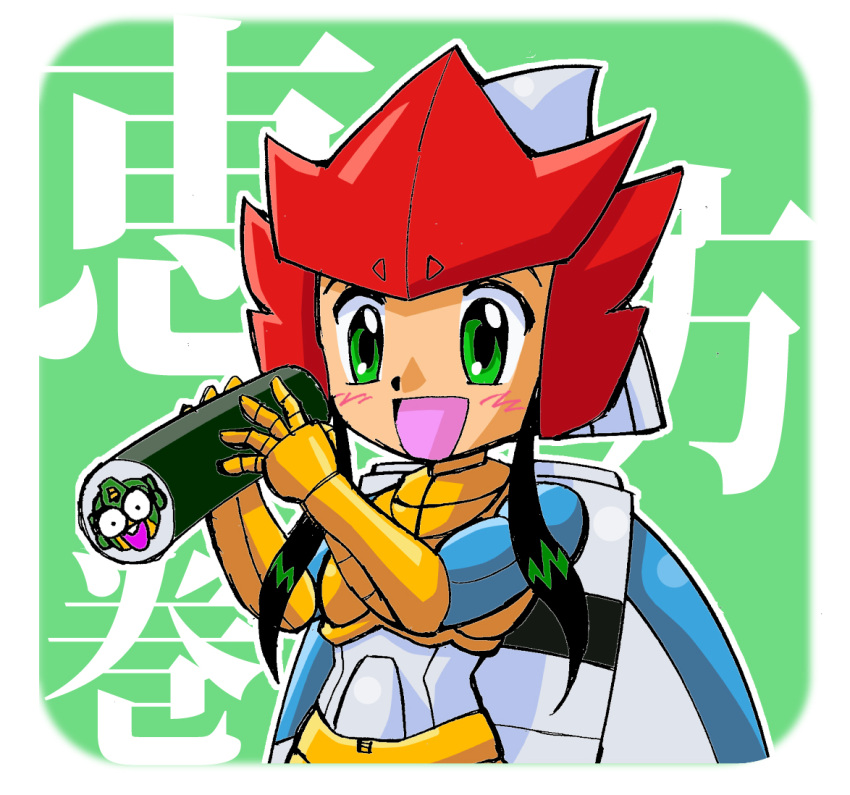 1girl, airazor, bakushou_transformer_gag_colosseum, beast_wars, beast_wars_metals_(manga), cameo, eating, female, green_eyes, green_hair, imaki_shouji, long_hair, makizushi, mecha_musume, open_mouth, optimus_prime_(cameo), payot, solo, sushi, transformers, translated, wings