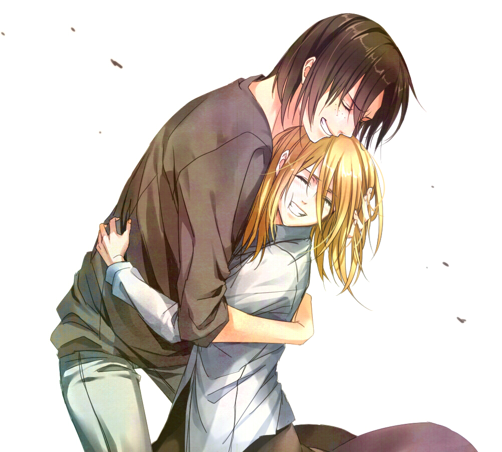 2girls, blonde_hair, brown_hair, christa_renz, closed_eyes, freckles, grin, hair_down