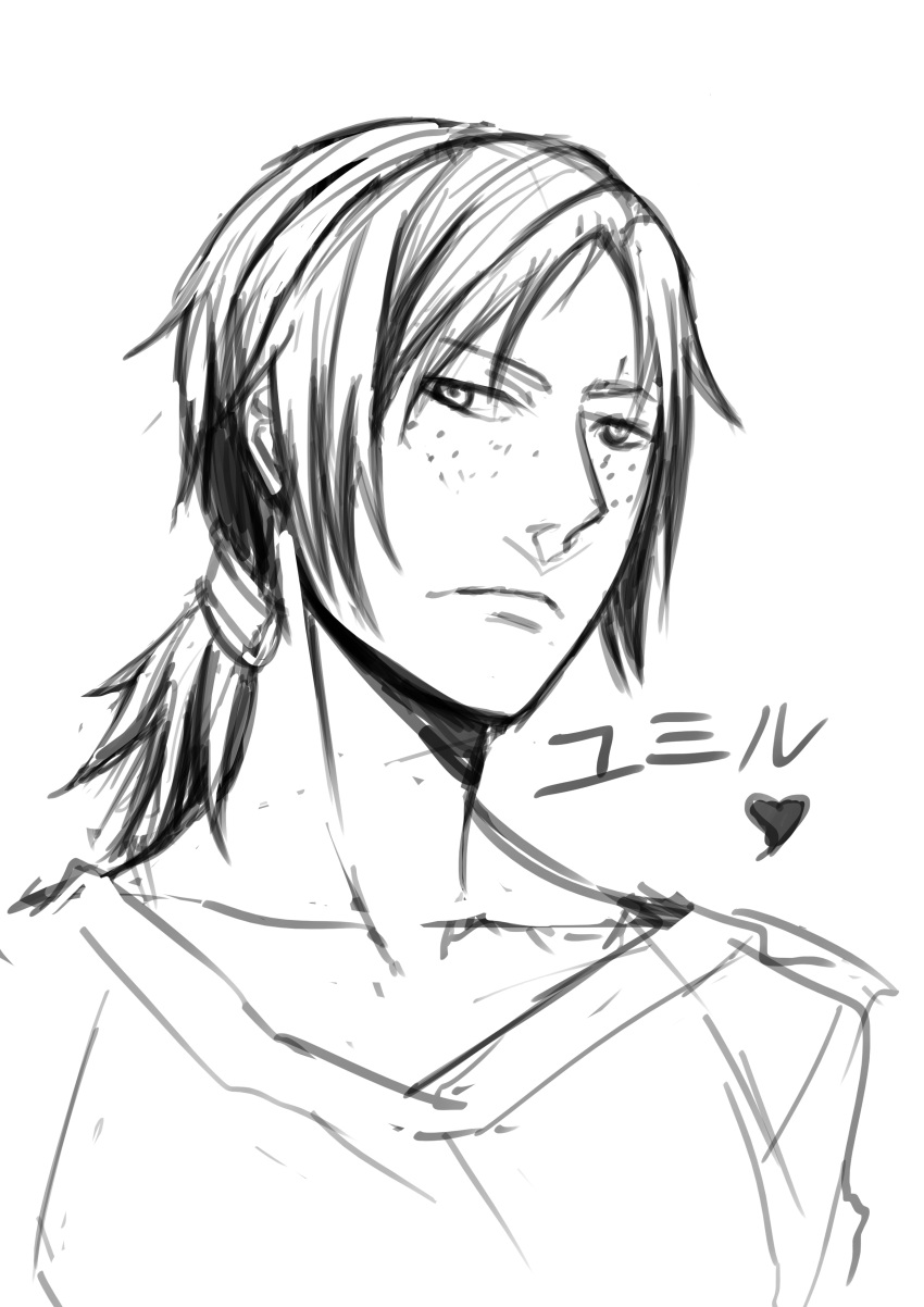 1girl, absurdres, character_name, freckles, heart, highres, monochrome, paleblood, ponytail, shingeki_no_kyojin, short_hair, solo, ymir_(shingeki_no_kyojin)