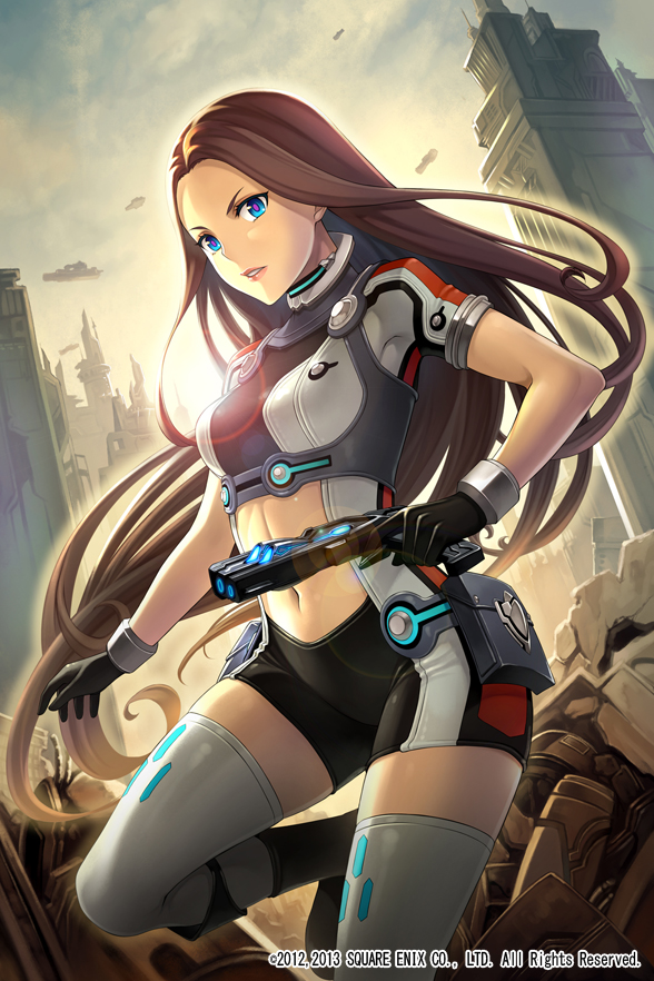 1girl, bike_shorts, black_gloves, blue_eyes, brown_hair, gloves, gun, long_hair, looking_at_viewer, navel_cutout, ruins, skyscrapers, square_enix, star_galaxy, terumii, thigh-highs, weapon