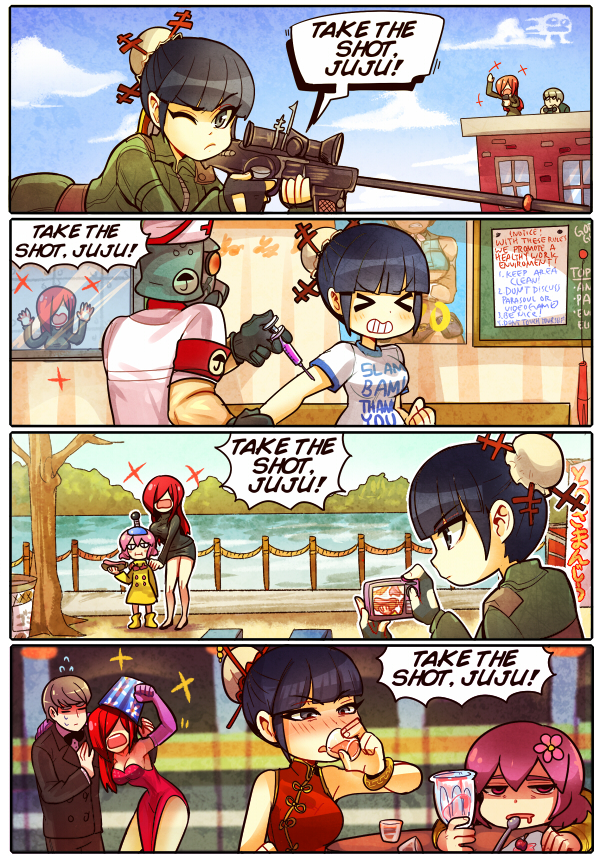 3girls, 4koma, adam_kapowski, alcohol, alternate_hairstyle, black_egrets, black_hair, braid, breasts, brown_eyes, cleavage, comic, cosplay, drunk, english, flat_gaze, flower, formal, grey_hair, gyakuten_saiban, hair_flower, hair_ornament, hair_over_one_eye, hat, impossible_clothes, impossible_shirt, juju_(skullgirls), kataro, large_breasts, long_hair, multiple_girls, open_mouth, parasoul_(skullgirls), parody, pink_eyes, pink_hair, poster, raincoat, redhead, short_hair, siblings, sisters, skullgirls, smile, standing, suit, twin_braids, umbrella_(skullgirls)