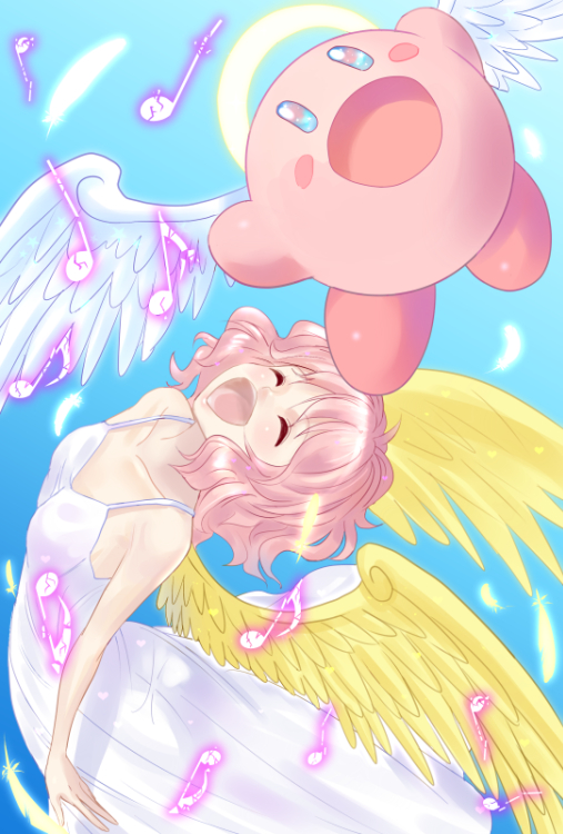 1girl, :o, angel_wings, arashi_(karakuri_place), blue_background, broken, closed_eyes, crossover