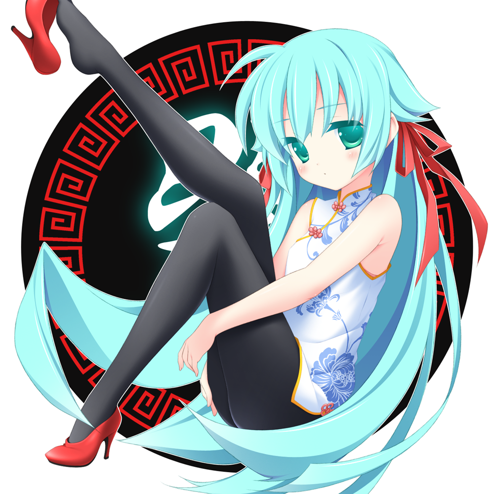 1girl, bare_shoulders, black_legwear, blush, china_dress, chinese_clothes, dress, green_eyes