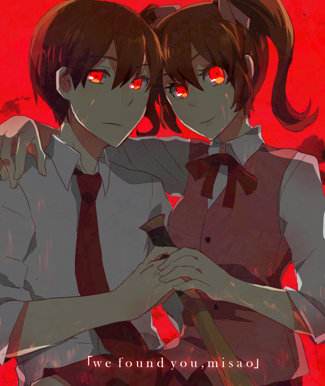 1boy, 1girl, aisuruhoshi, aki_(misao), akito_(misao), baseball_bat, blood, blood_on_face