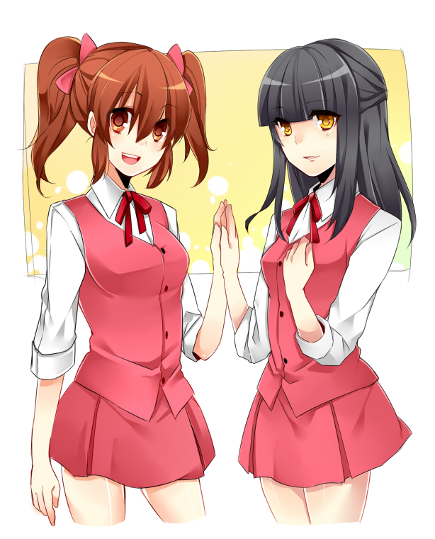2girls, aki_(misao), bangs, black_hair, blunt_bangs, blush, bow, breasts