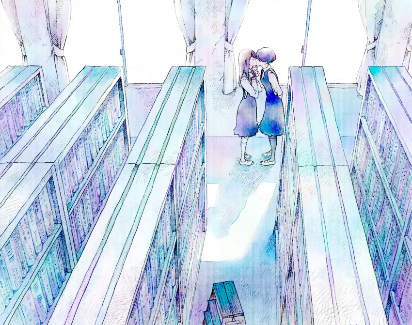 ame_(artist), ame_(conronca), aoi_hana, blue, book, bookshelf, kiss, kneehighs