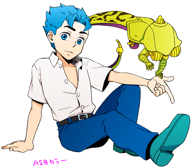 2boys, blue_eyes, blue_hair, echoes_(stand), hirose_kouichi, jojo_no_kimyou_na_bouken, mikey_uo, multiple_boys, stand_(jojo)