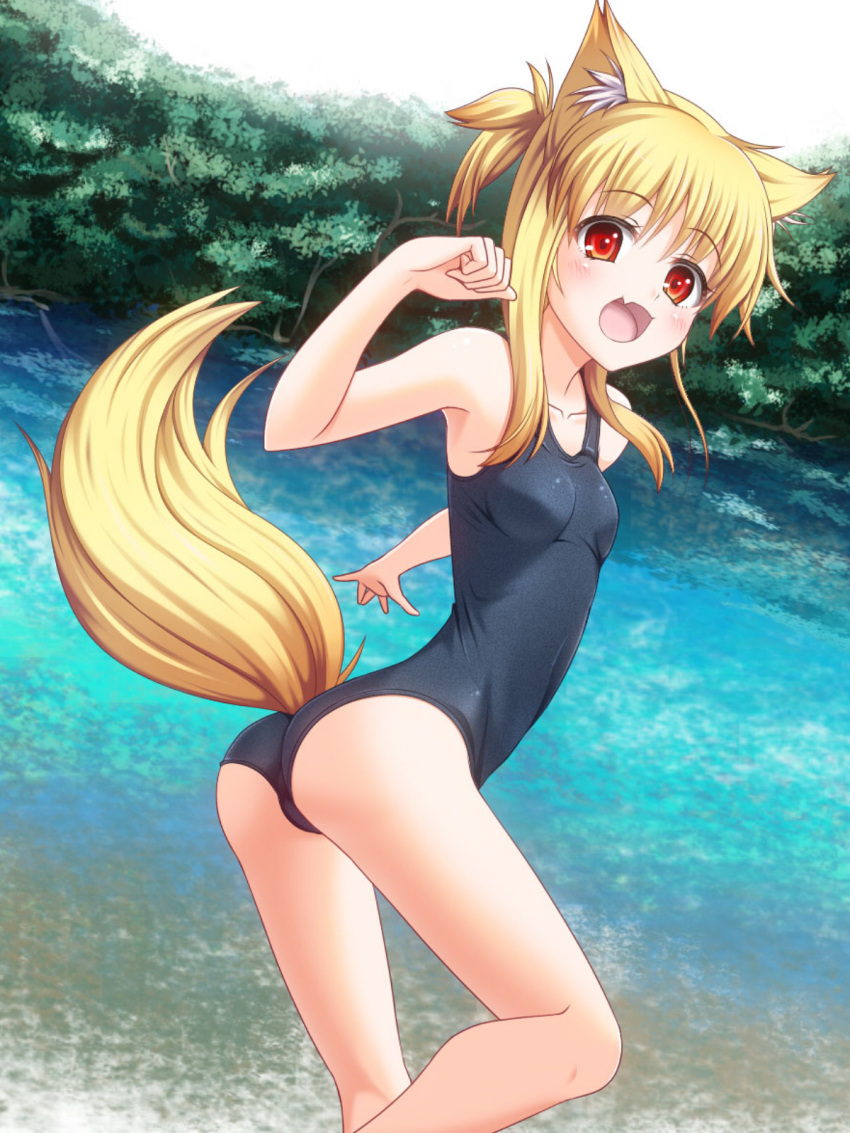 1girl, animal_ears, blonde_hair, fang, fox_ears, fox_tail, highres, original