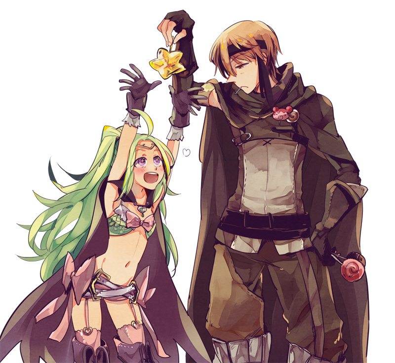 belt, brown_eyes, brown_hair, candy, cape, fire_emblem, fire_emblem:_kakusei, gaia_(fire_emblem), green_hair, headband, ishiwari, long_hair, nintendo, nowi_(fire_emblem), smile, violet_eyes