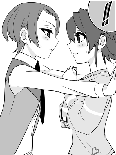 2girls, against_wall, aida_mana, casual, dokidoki!_precure, half_updo, kenzaki_makoto, multiple_girls