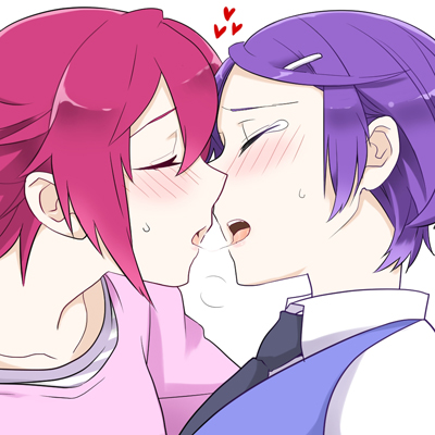2girls, aida_mana, blush, casual, dokidoki!_precure, hair_ornament, hairclip, half_updo, heart, kenzaki_makoto, kiss, lowres, multiple_girls, nakaya_106, necktie, pink_hair, precure, purple_hair, saliva, saliva_trail, short_hair, tears, vest, yuri