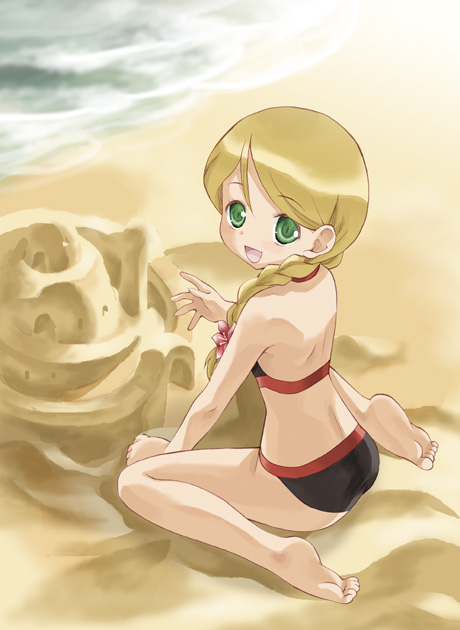 barefoot, beach, bikini, blush, braid, coyote_ragtime_show, feet, loli