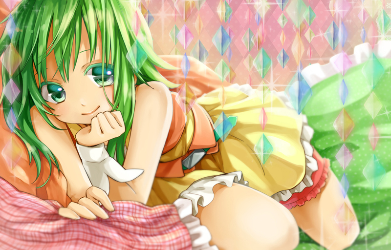 1girl, bare_shoulders, green_eyes, green_hair, gumi, hand_on_own_cheek, momomochi, pillow