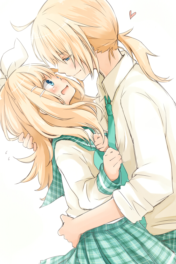 blonde_hair, blue_eyes, blush, bow, hair_bow, hair_ornament, hairclip, heart, hug, kagamine_len, kagamine_rin, long_hair, momomochi, necktie, school_uniform, serafuku, smile, vocaloid