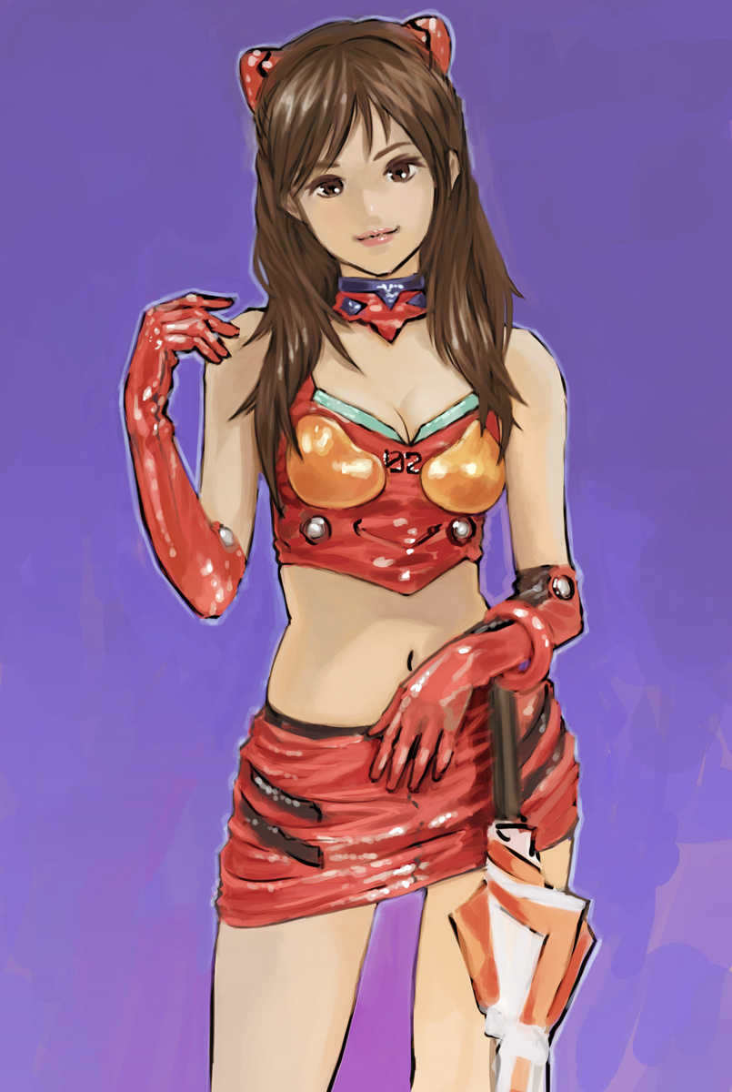 1girl, adapted_costume, alternate_hair_color, breasts, brown_eyes, brown_hair, cleavage, closed_umbrella