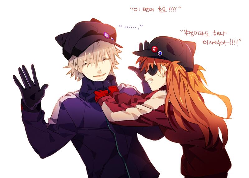 1boy, 1girl, angry, animal_hat, bangoul, cat_hat, clothes_grab, evangelion:_3.0_you_can_(not)_redo