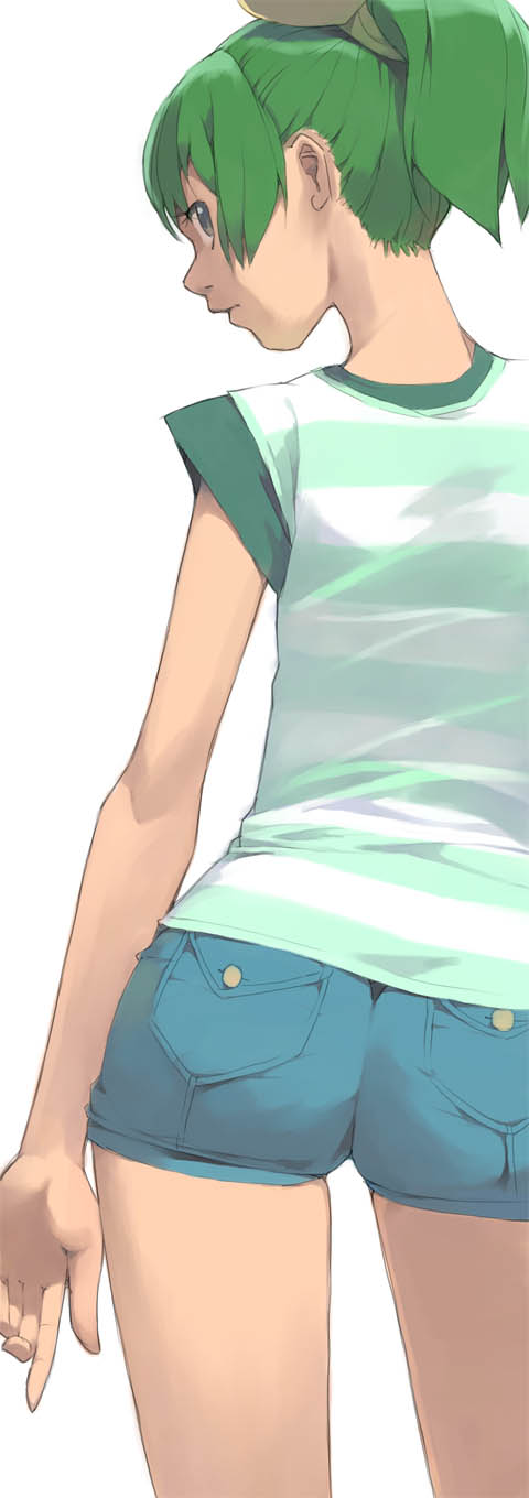 1girl, akinbo_(hyouka_fuyou), ass, brown_eyes, from_behind, green_hair, highres, looking_at_viewer, looking_back, original, ponytail, short_hair, shorts, solo, white_background