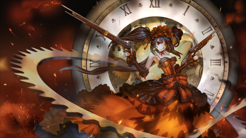 1girl, black_hair, breasts, cleavage, clock, clock_eyed, date_a_live, dress, dual_wielding, gears, gun, hairband, heterochromia, highres, lolita_fashion, lolita_hairband, long_hair, red_eyes, ribbon, rifle, roman_numerals, solo, tokisaki_kurumi, twintails, weapon, yellow_eyes, zm