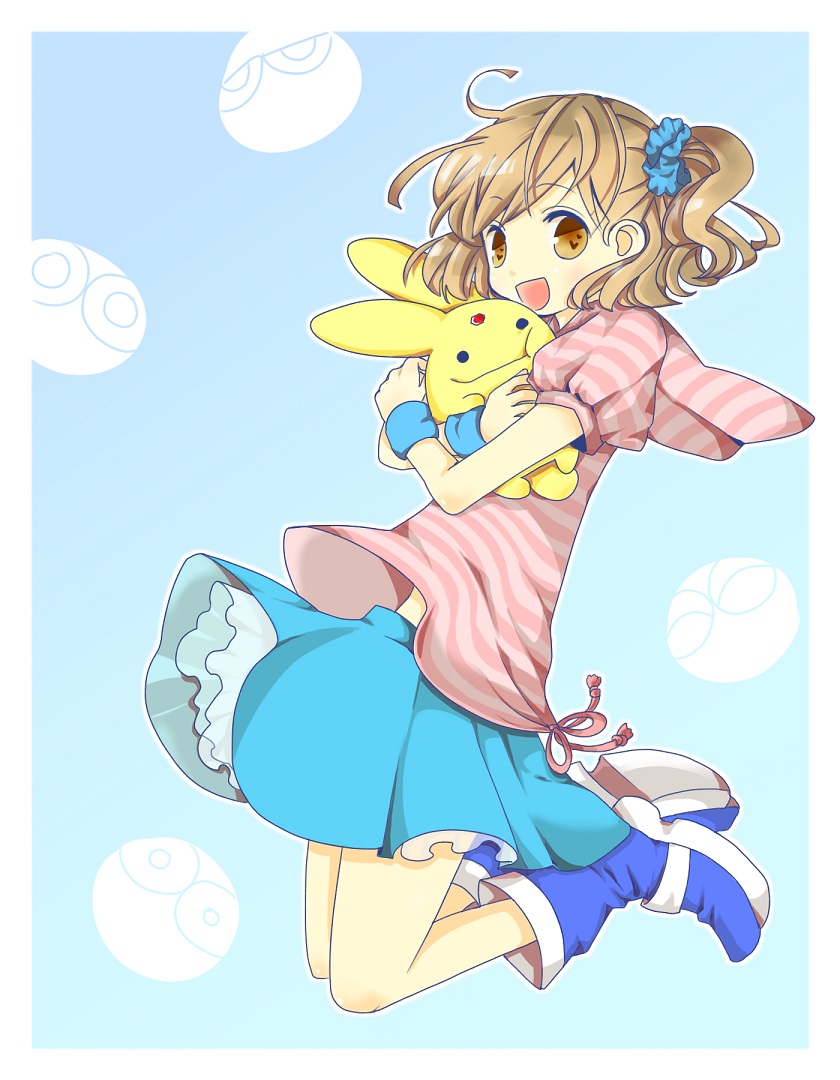 1girl, :t, arle_nadja, blue_background, boots, brown_eyes, brown_hair, carbuncle_(puyopuyo), creature, hoodie, hug, jumping, liruty, madou_monogatari, no_nose, puyo_(puyopuyo), puyopuyo, shirt, short_hair, side_ponytail, skirt, smile, striped, striped_shirt