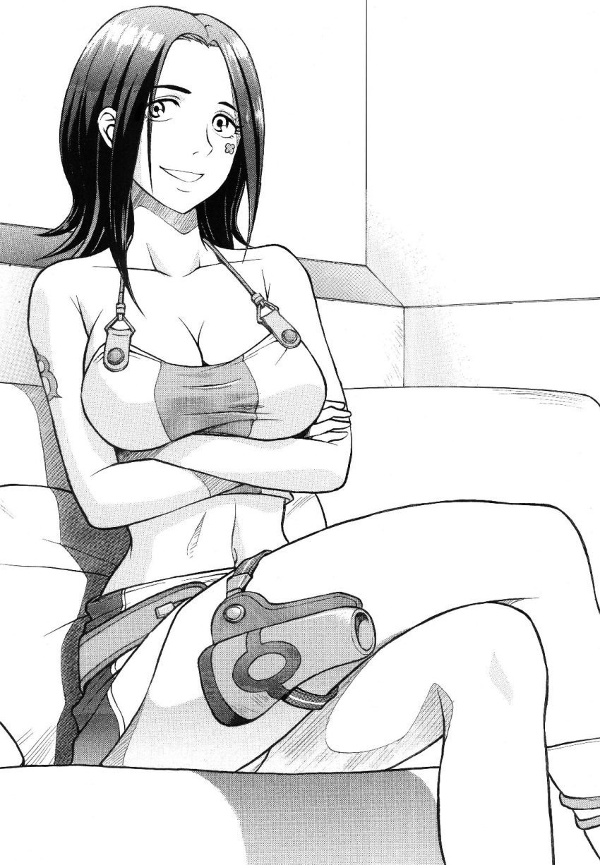 annkokudaimaou, bandaid, belt, boots, breasts, camisole, cleavage, couch, crop_top, crossed_arms, crossed_legs, eureka_7, eureka_seven, eureka_seven_(series), grin, highres, holster, indoors, large_breasts, legs, looking_at_viewer, midriff, miniskirt, monochrome, navel, panties, pantyshot, shadow, short_hair, sitting, skirt, smile, talho_yuuki, tattoo, thigh_strap, underwear, wide_hips