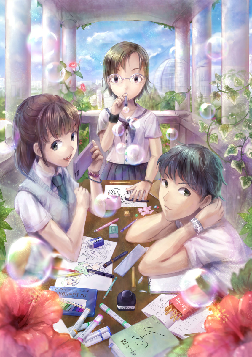 1boy, 2girls, absurdres, azumi_(tks-sd), brown_hair, bubble, flower, glasses