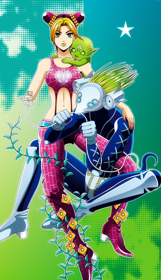 1girl, 2boys, blonde_hair, braid, double_bun, green_baby's_stand, green_baby_(jojo), jojo_no_kimyou_na_bouken