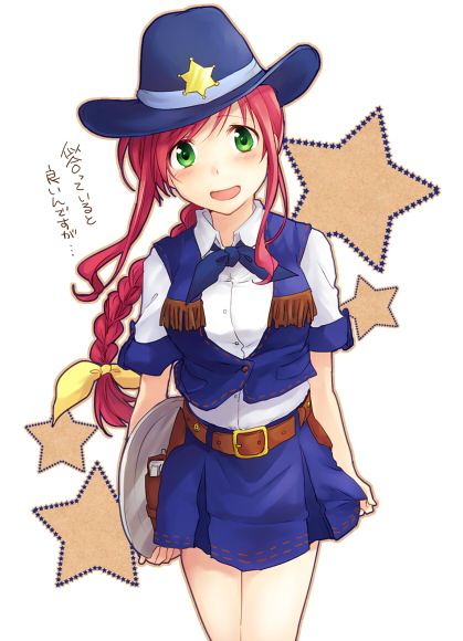 1girl, amitie_florian, badge, belt, blush, braid, cowboy, cowboy_hat, green_eyes, gun, hair_ribbon, hat, holding, holster, long_hair, looking_at_viewer, lyrical_nanoha, mahou_shoujo_lyrical_nanoha, mahou_shoujo_lyrical_nanoha_a's, mahou_shoujo_lyrical_nanoha_a's_portable:_the_gears_of_destiny, miniskirt, na770, open_mouth, plate, pleated_skirt, redhead, ribbon, shirt, single_braid, skirt, smile, solo, standing, star, vest, weapon, western, white_shirt
