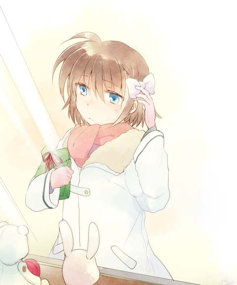 1girl, bag, blue_eyes, bow, brown_hair, coat, hair_bow, holding