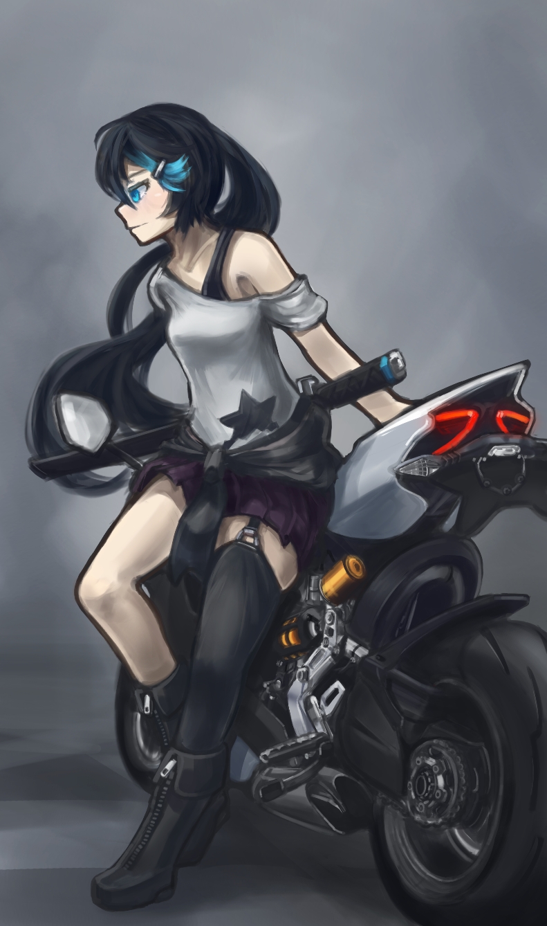 1girl, arceonn, black_hair, black_rock_shooter, black_rock_shooter_(character), blue_eyes, boots, casual