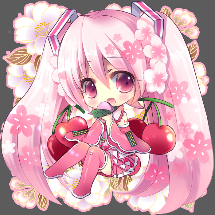 1girl, boots, cherry, chibi, detached_sleeves, flower, food, fruit