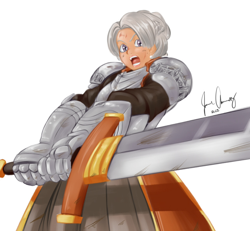 1girl, armor, armored_dress, braid, bruise, chris_lightfellow, french_braid, full_armor