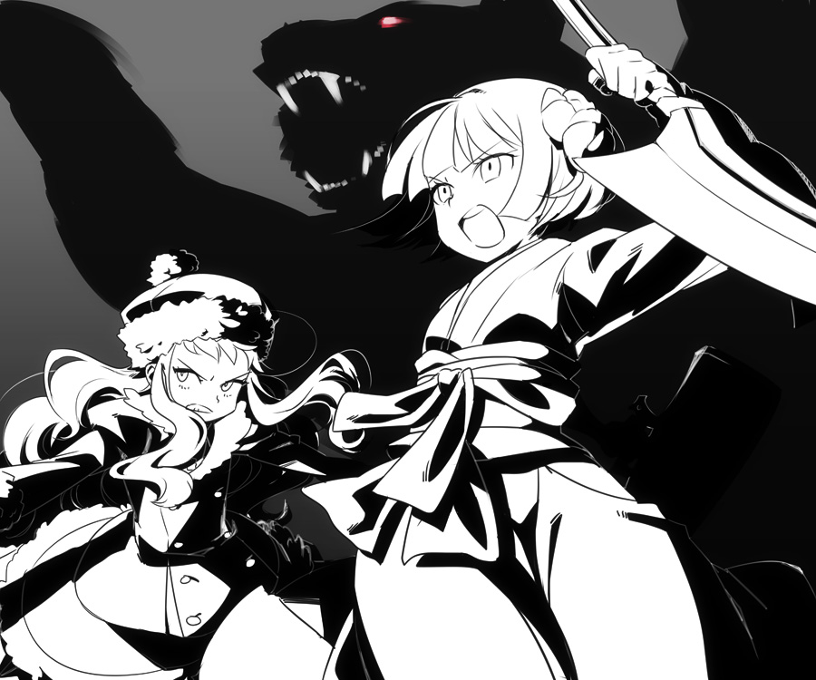 2girls, bear, bushidou_(sekaiju), fangs, flat_chest, glowing, glowing_eyes, gunner