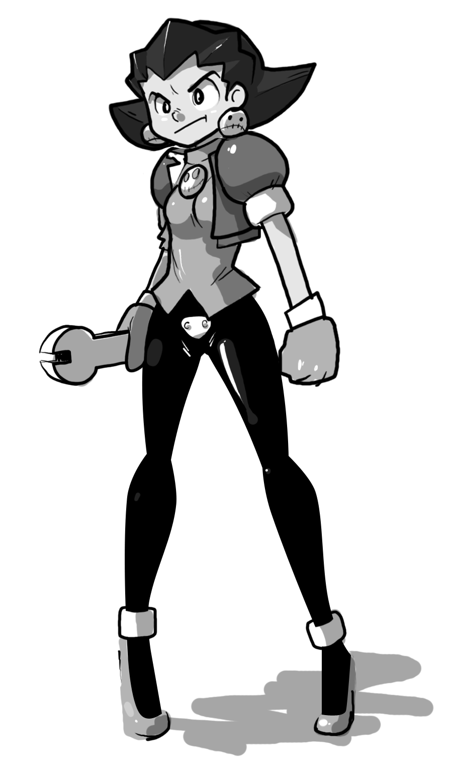 1girl, atomictiki, cropped_jacket, crotch_plate, earrings, gloves, highres, jewelry