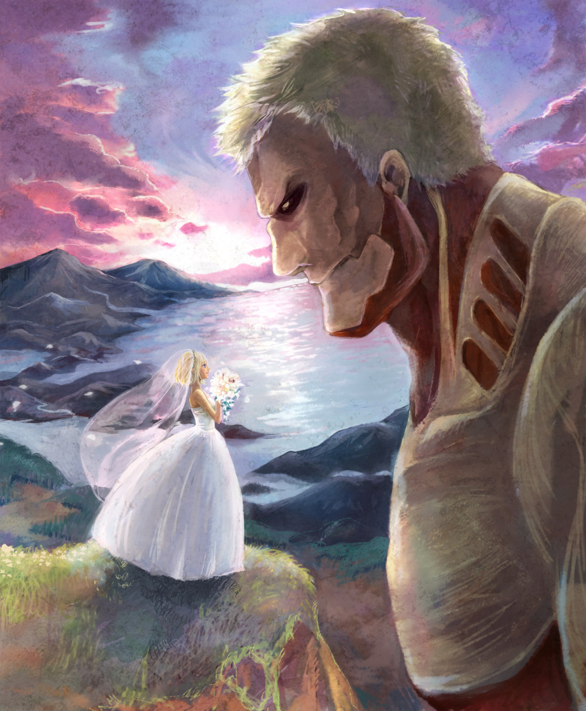 1boy, 1girl, armored_titan, bouquet, christa_renz, clouds, dress, flower