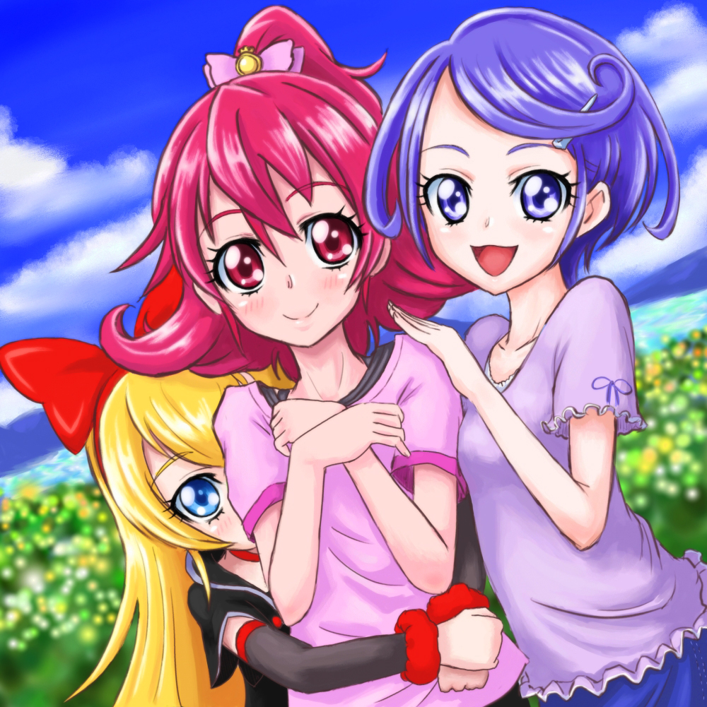 3girls, :d, aida_mana, blonde_hair, blue_eyes, bow, casual, choker