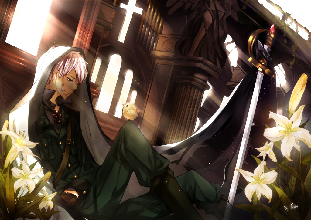bird, blood, chick, church, cross, flower, male, prussia_(hetalia)
