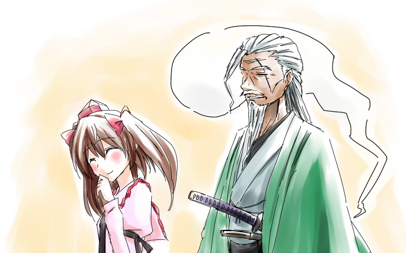 1boy, 1girl, blush, brown_hair, ghost, hat, himekaidou_hatate, konpaku_youki, laughing, meteoride, sword, tokin_hat, touhou, weapon, white_hair