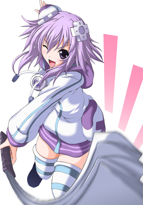 1girl, blush, choujigen_game_neptune, fan, harisen, looking_at_viewer, nanairo_souga, open_mouth
