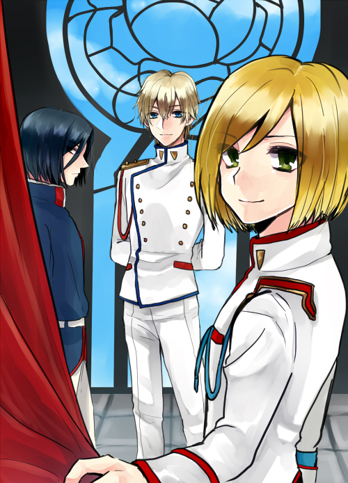 3boys, black_hair, blonde_hair, blue_eyes, epaulettes, fate/extra, fate_(series), gawain_(fate/extra)