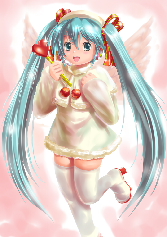 1girl, :d, blue_eyes, blue_hair, boots, hair_ribbon, hat, hatsune_miku, long_hair, moriichi, open_mouth, ribbon, smile, solo, standing_on_one_leg, thigh_boots, thighhighs, twintails, vocaloid, wand