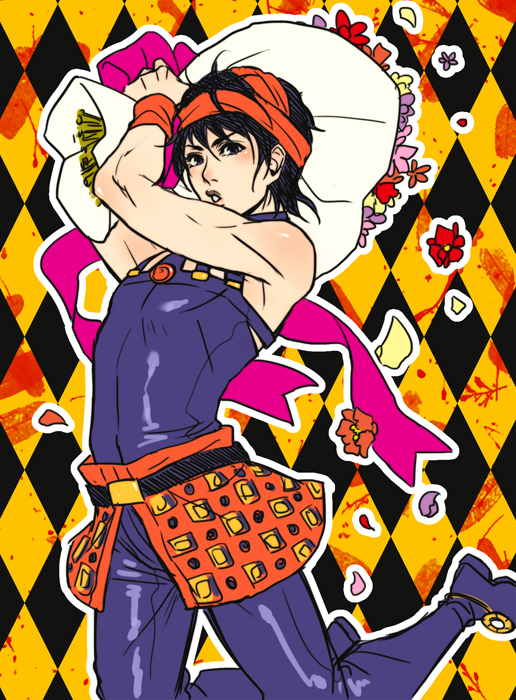 1boy, black_hair, bouquet, flower, headband, jojo_no_kimyou_na_bouken, narancia_ghirga, rollingcalling